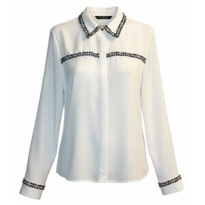 ZARA Women's Ivory Sheer Blouse Tweed Trim Long Sleeve Office Chic Classic S